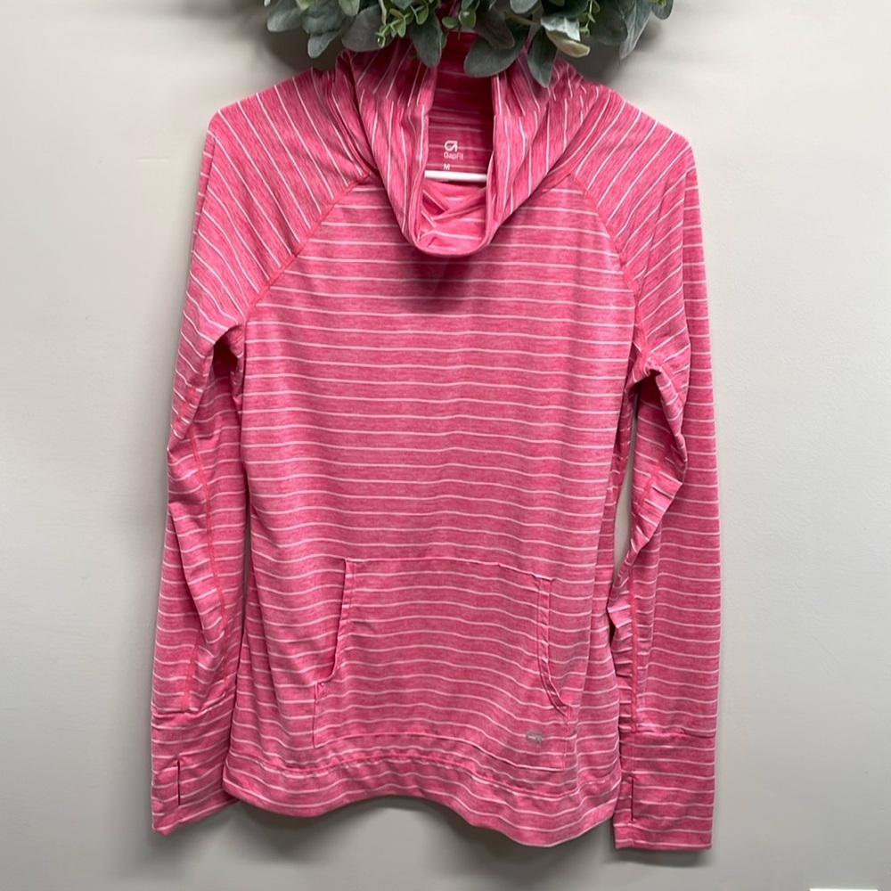 GapFit Long Sleeve Cowl Mock Neck Pink White Striped Athletic Performance Top M